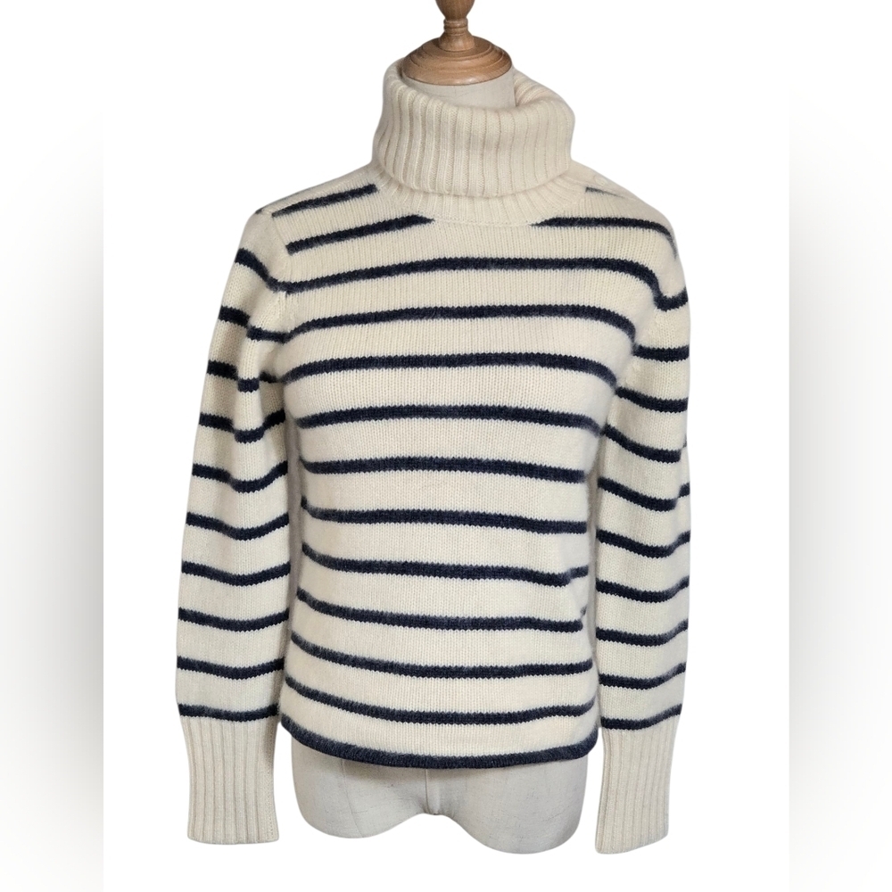 Striped Turtleneck Soft Sweater - Navy and Cream